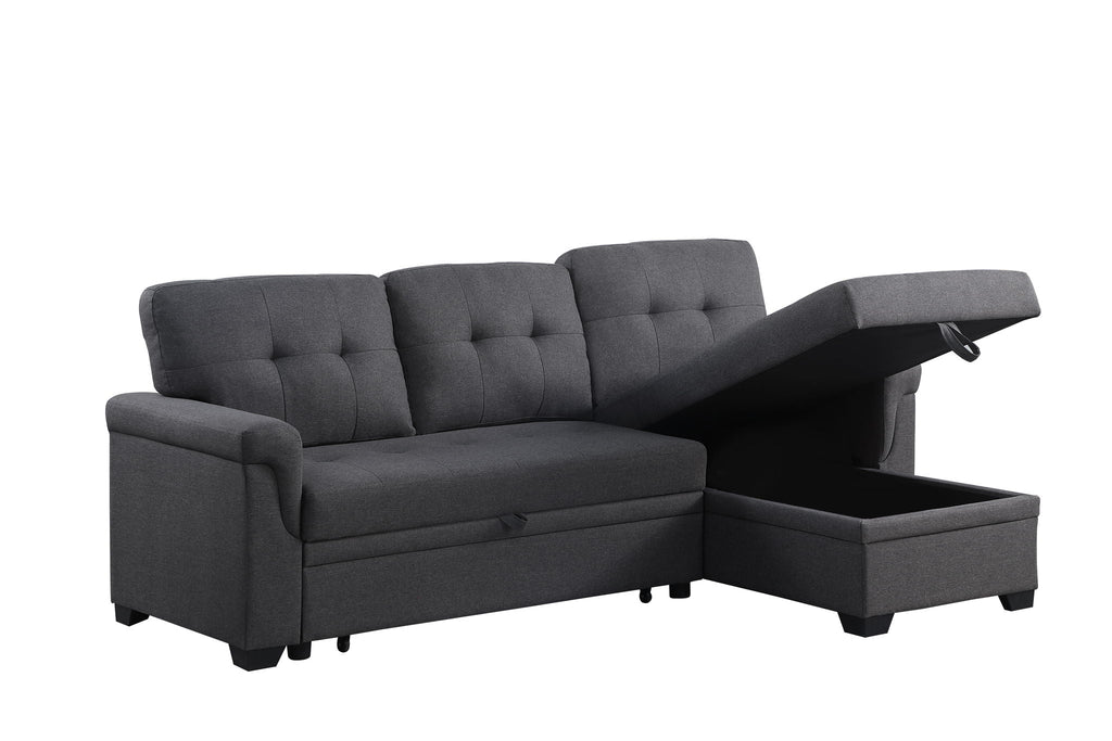 Reversible sleeper sectional sofa with storage chaise, dark gray corner chaise sleeper view