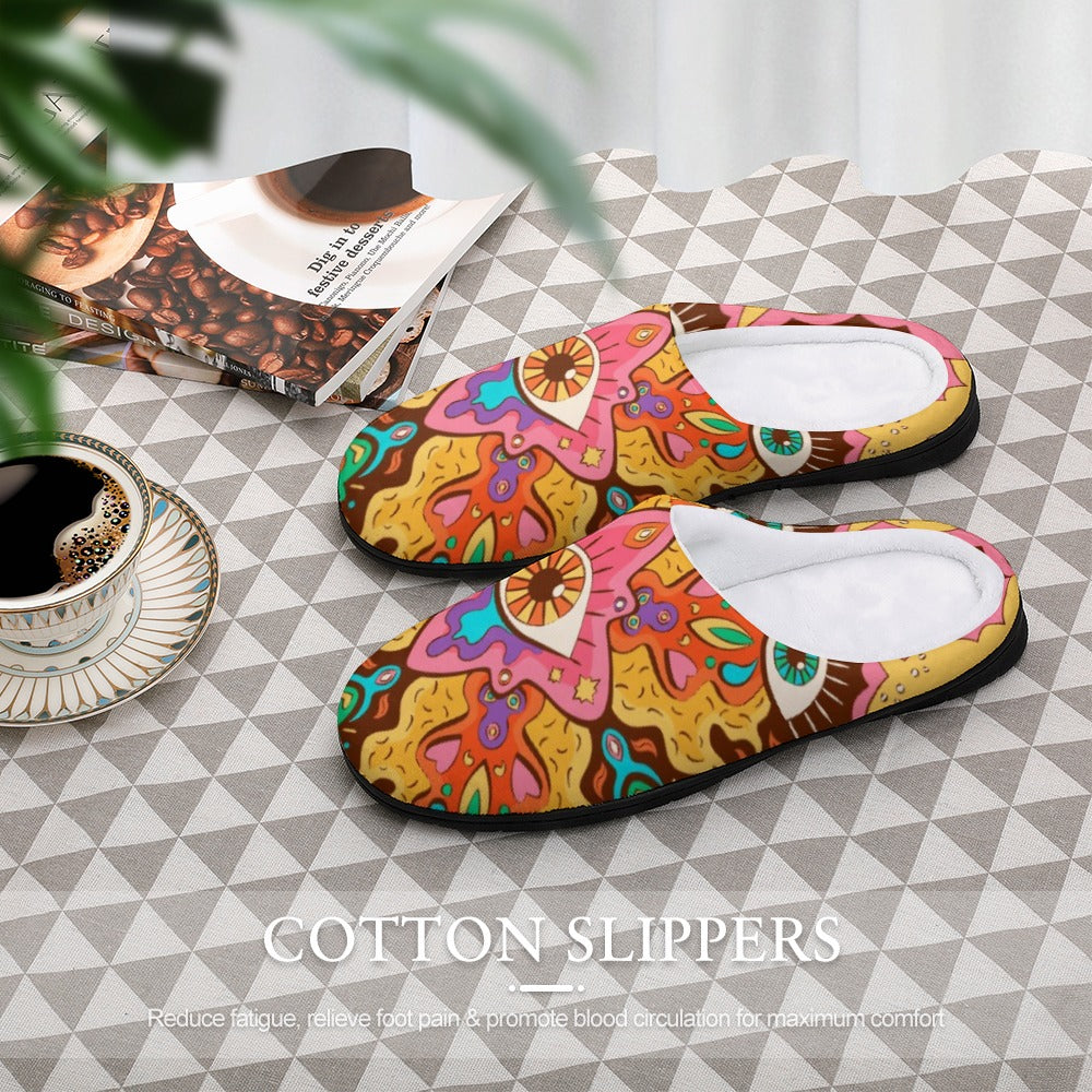 Pair cotton slippers with colorful abstract print, white lining, and textured black sole