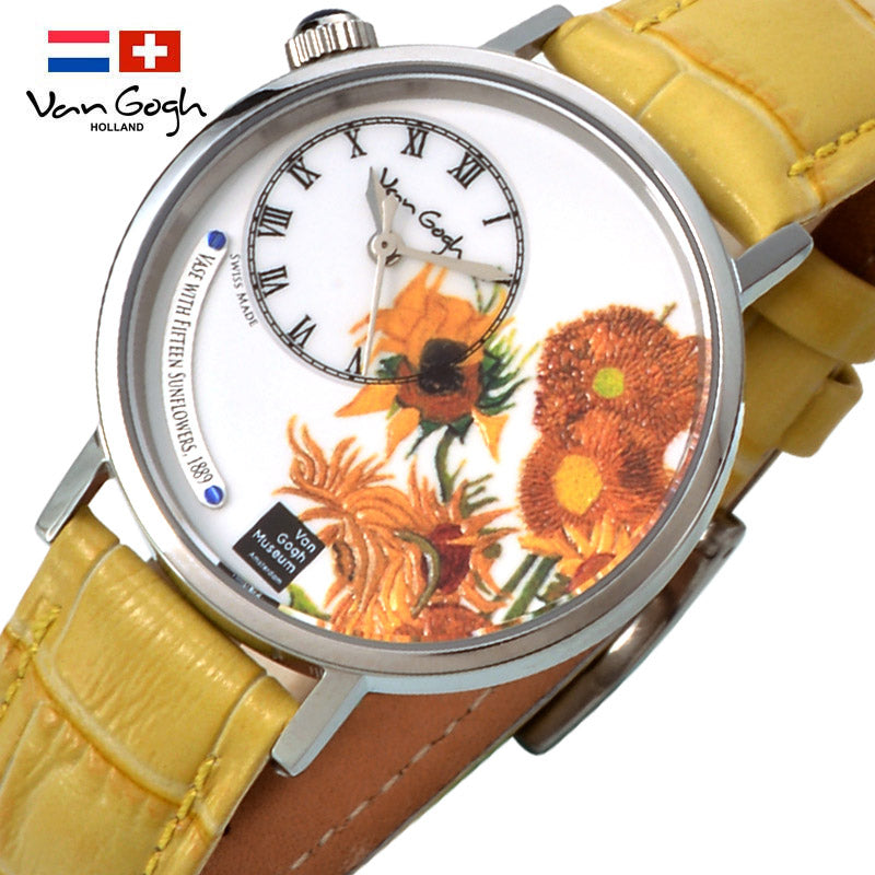 Women’s quartz wristwatch with yellow leather strap and silver-tone dial with sunflower art