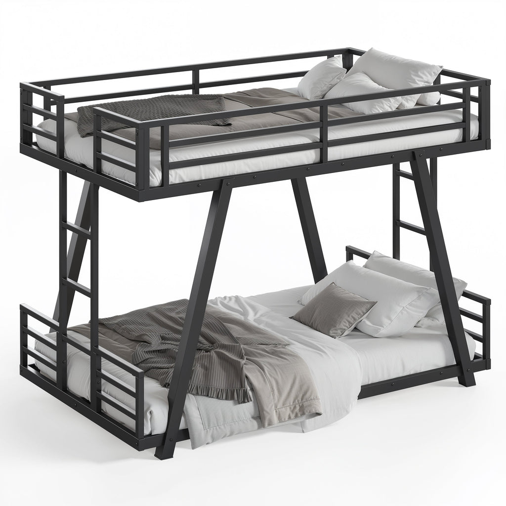 Black metal twin-over-twin bunk bed with guardrails, side ladders and bedding