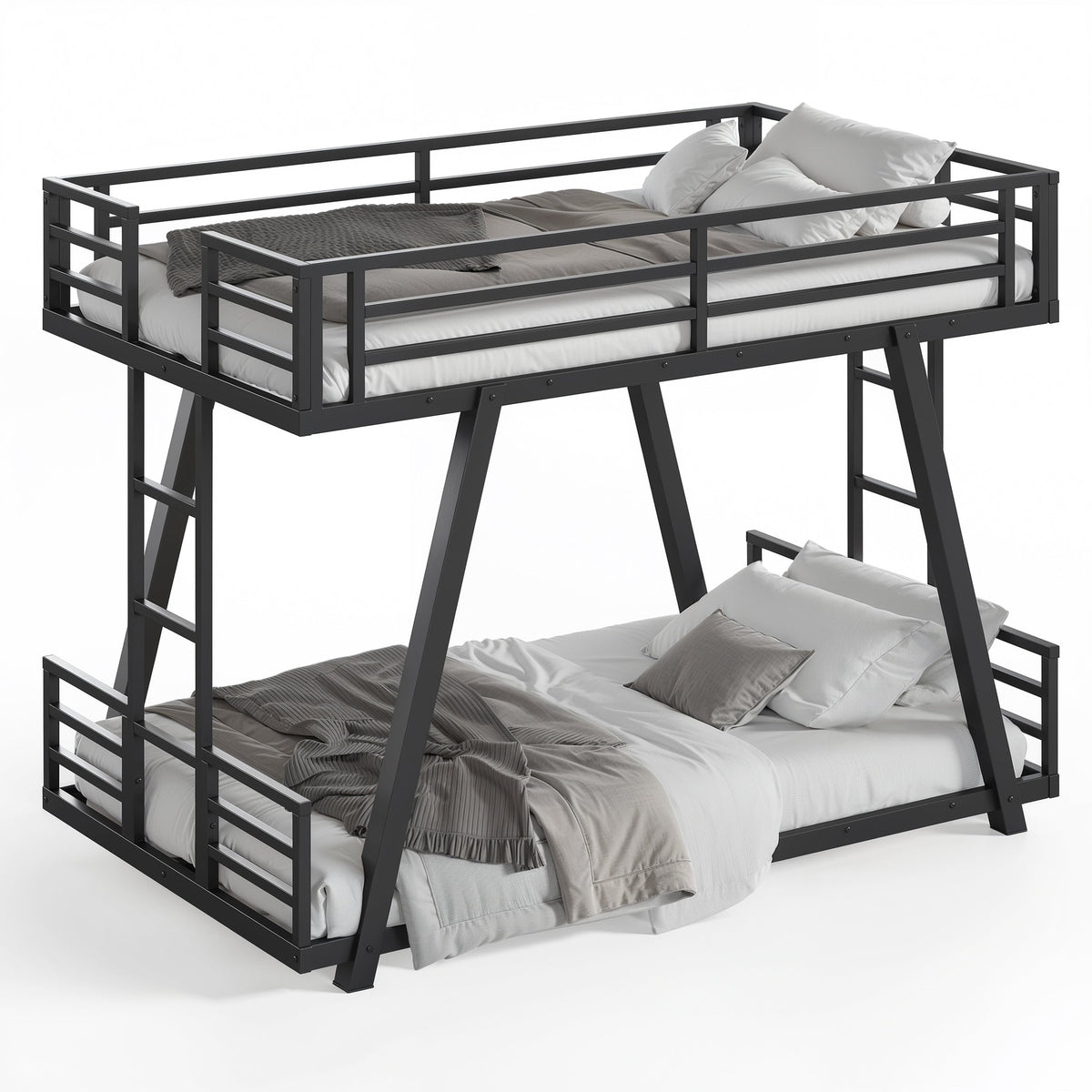 Black metal twin-over-twin bunk bed with guardrails, side ladders and bedding