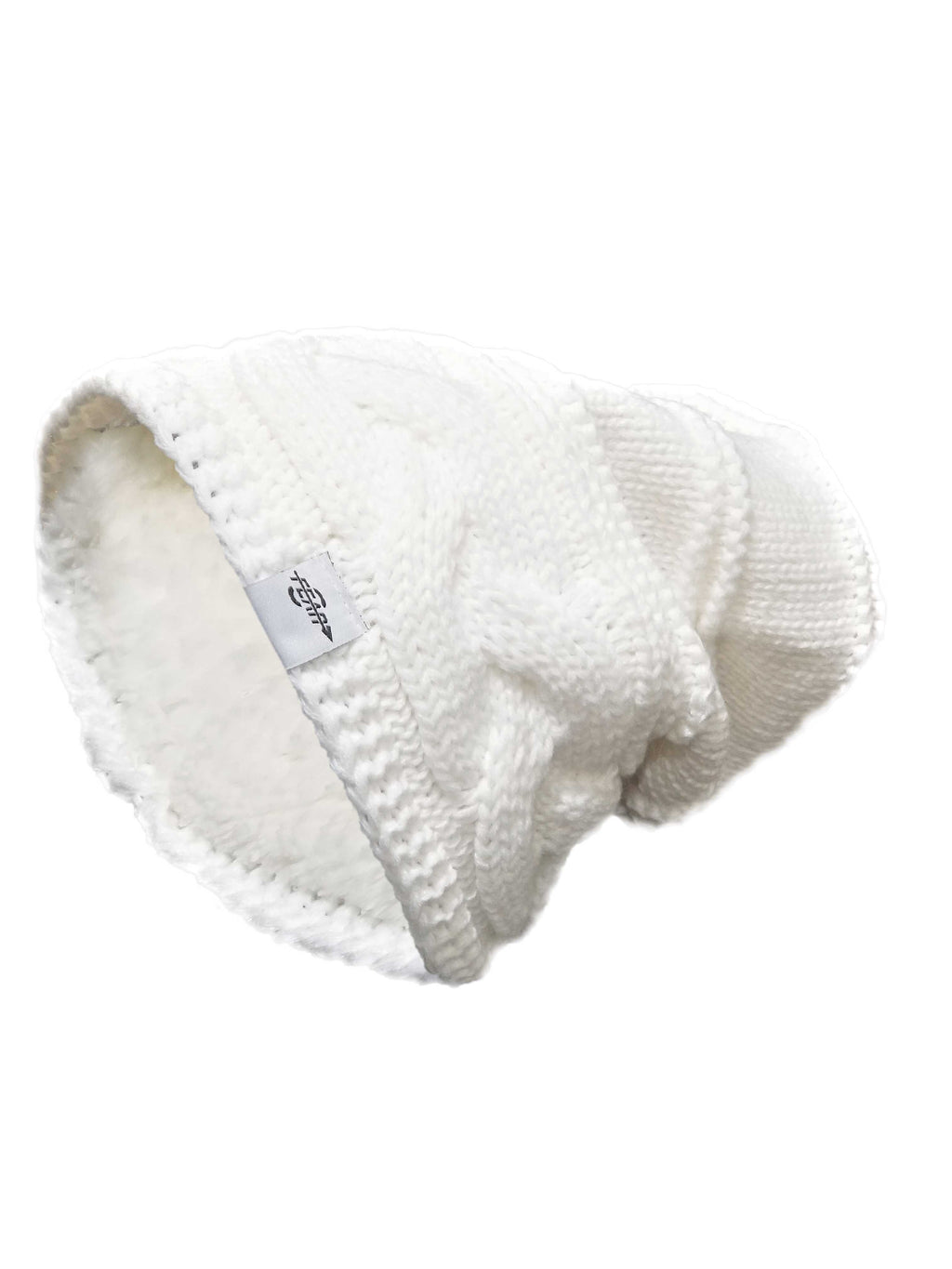 White knit slouch beanie with stitched texture and small logo patch