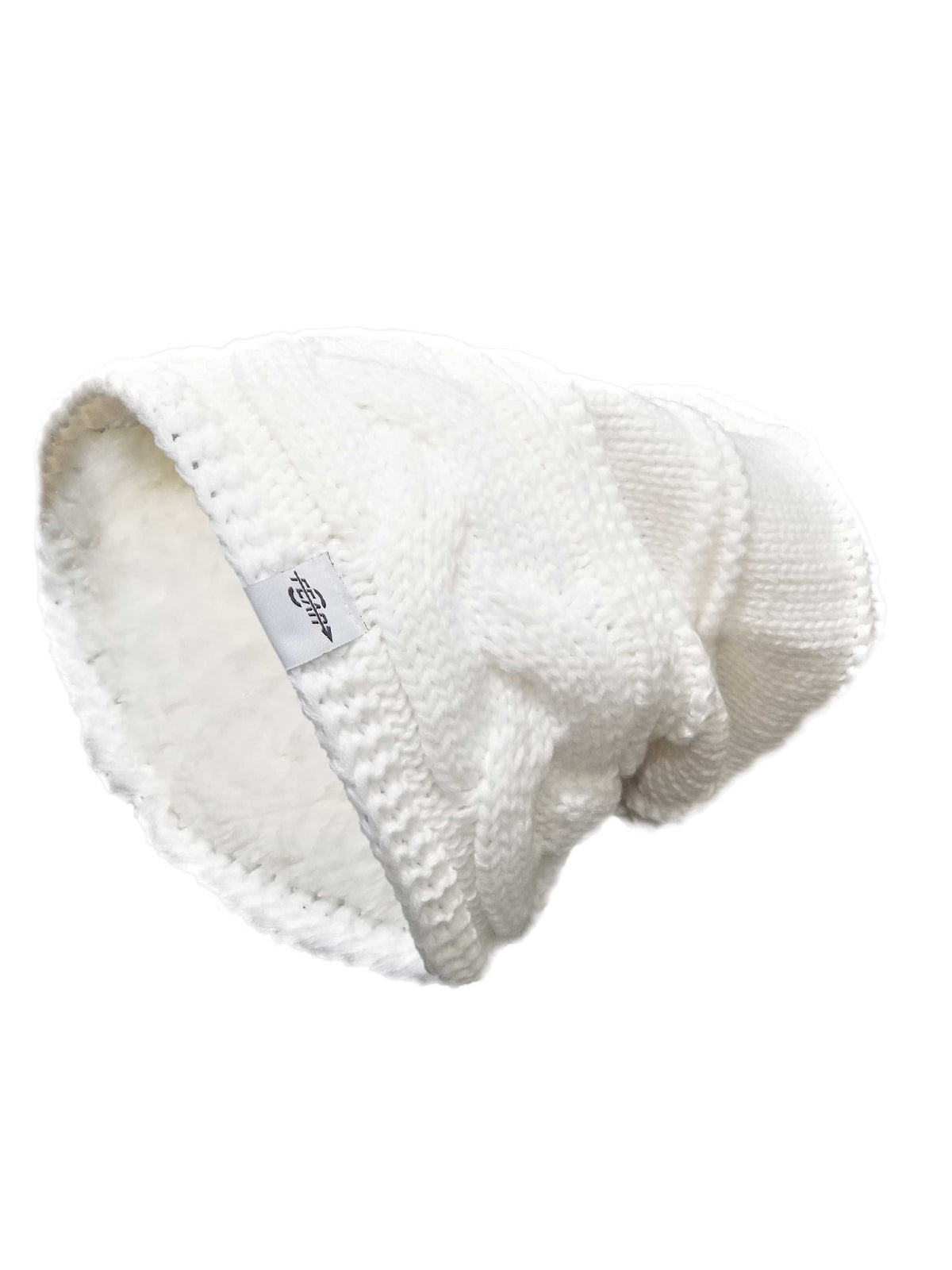 White knit slouch beanie with stitched texture and small logo patch