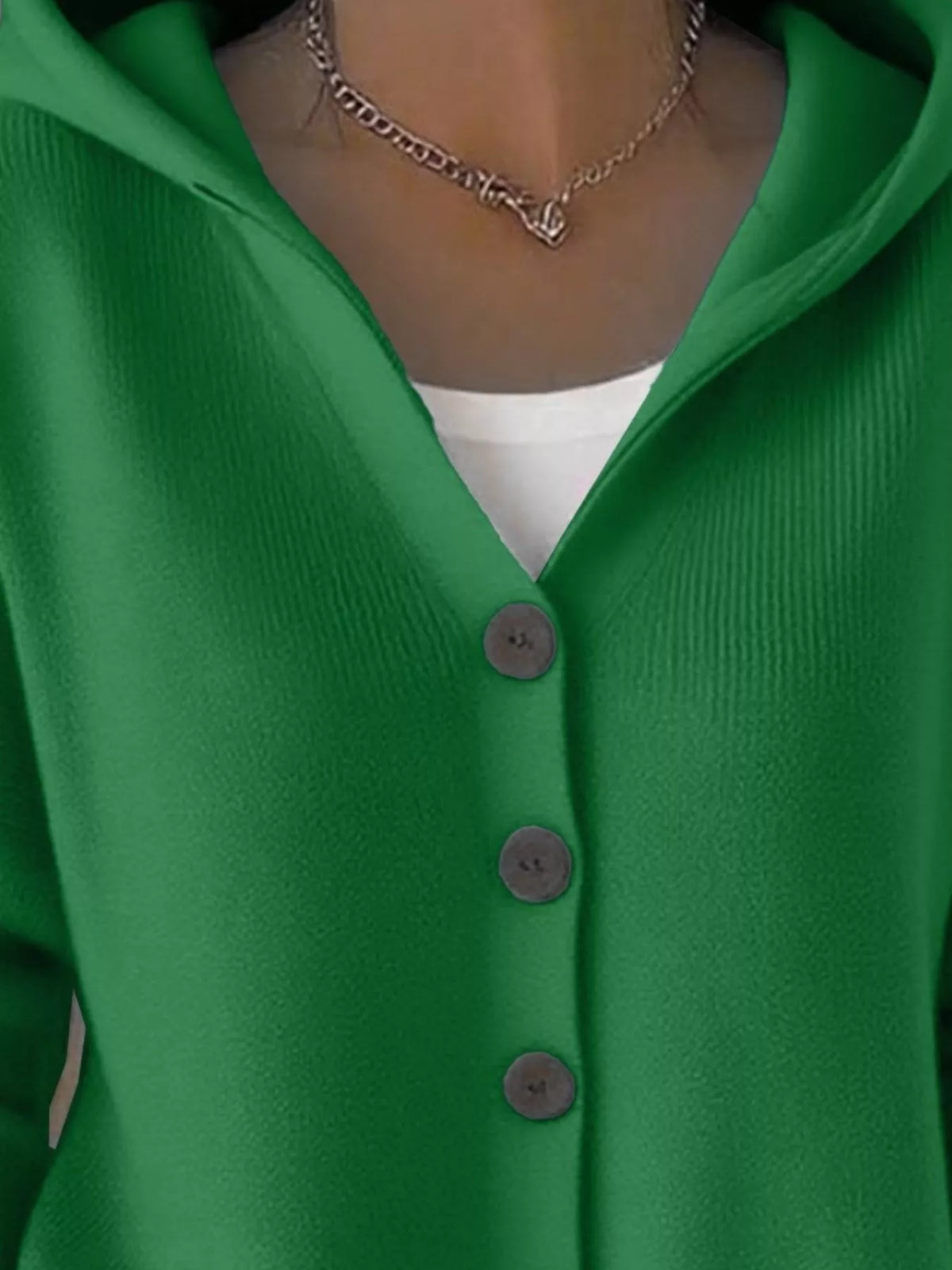 Green hooded cardigan with V-neck and front buttons in soft ribbed knit