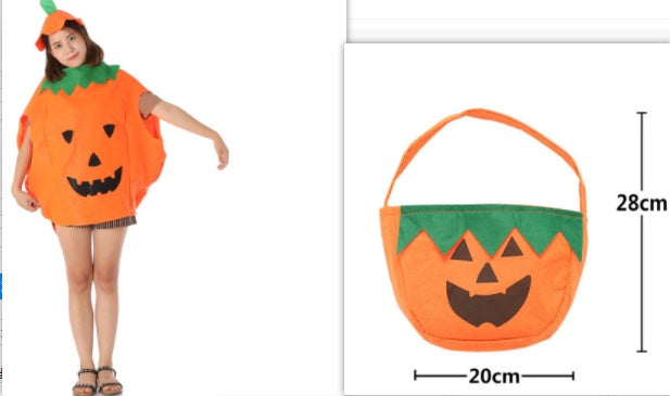 Child wearing pumpkin costume with matching pumpkin tote bag, 28cm x 20cm