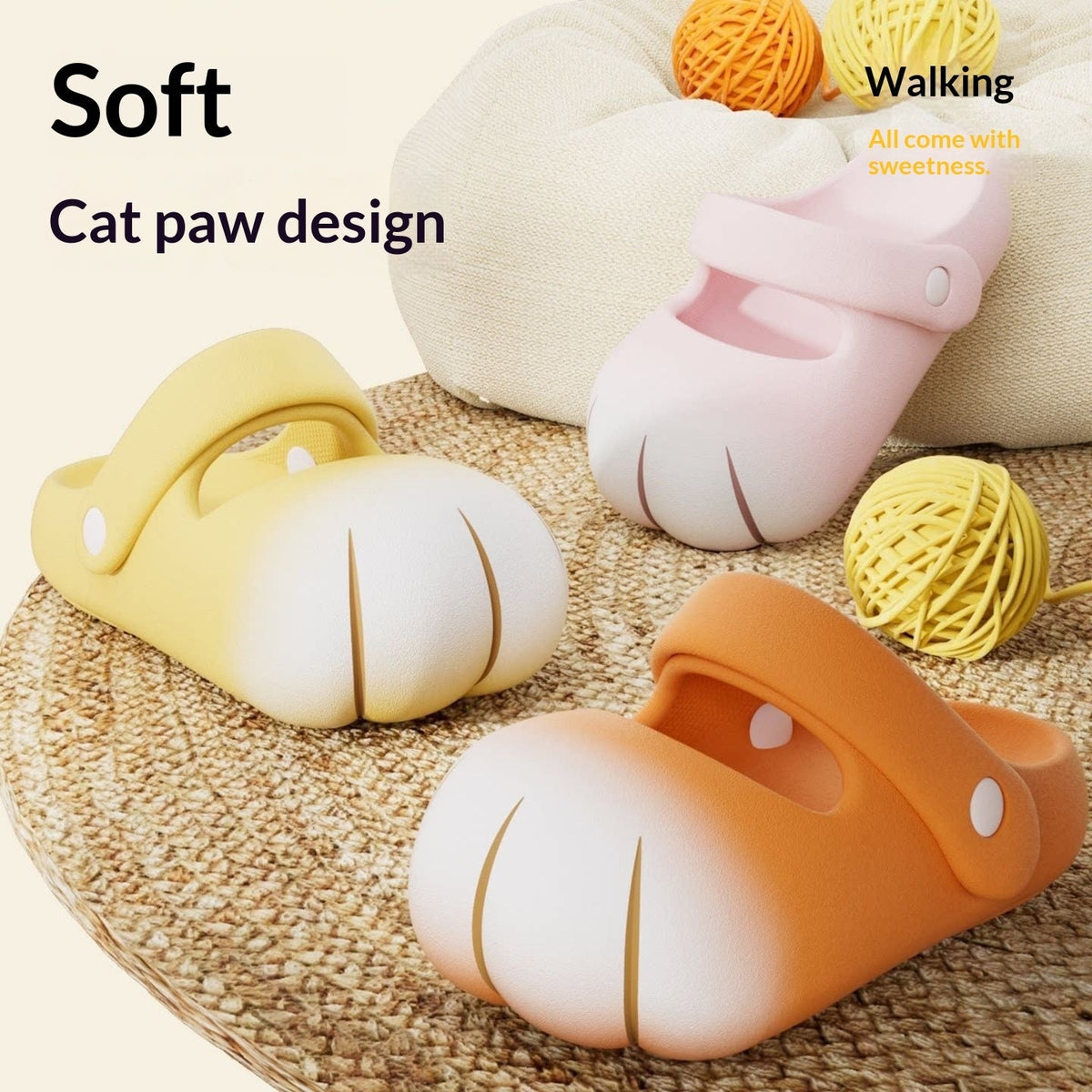 Princess-style parent-child sandals with cat paw design in yellow, pink, and orange