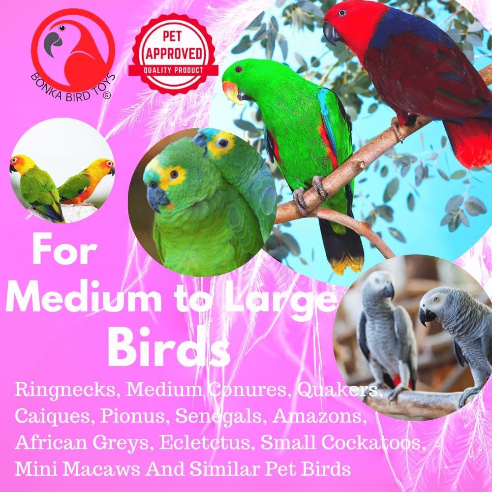 Wide parrot toy shown alongside birds suited to medium and large birds