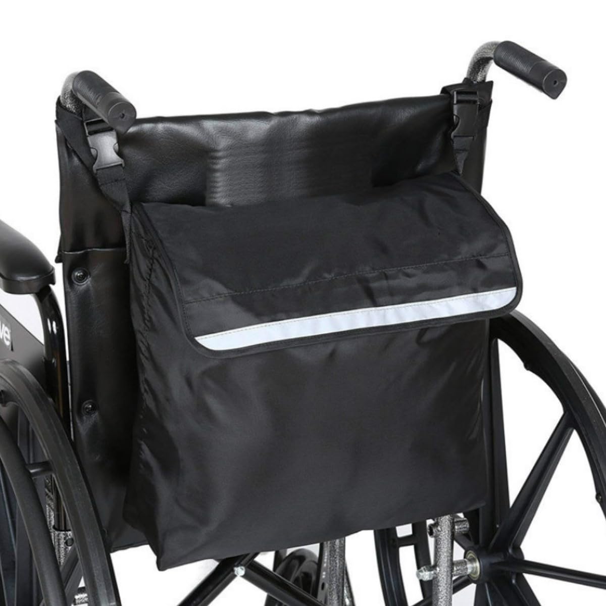 Waterproof wheelchair pouch bag with wide top flap and reflective stripe, hanging back