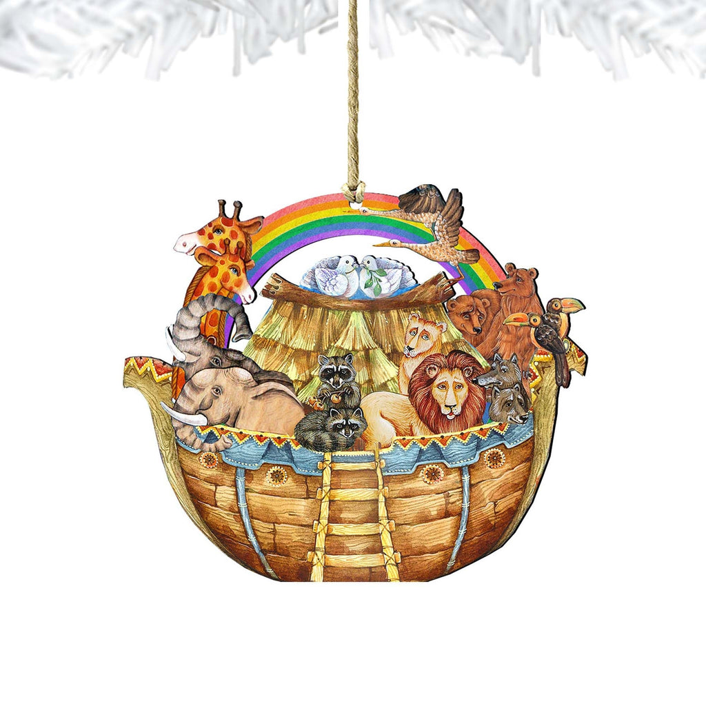Front view Noah’s Ark wooden Christmas ornament with rainbow arch, animals, and top hanger