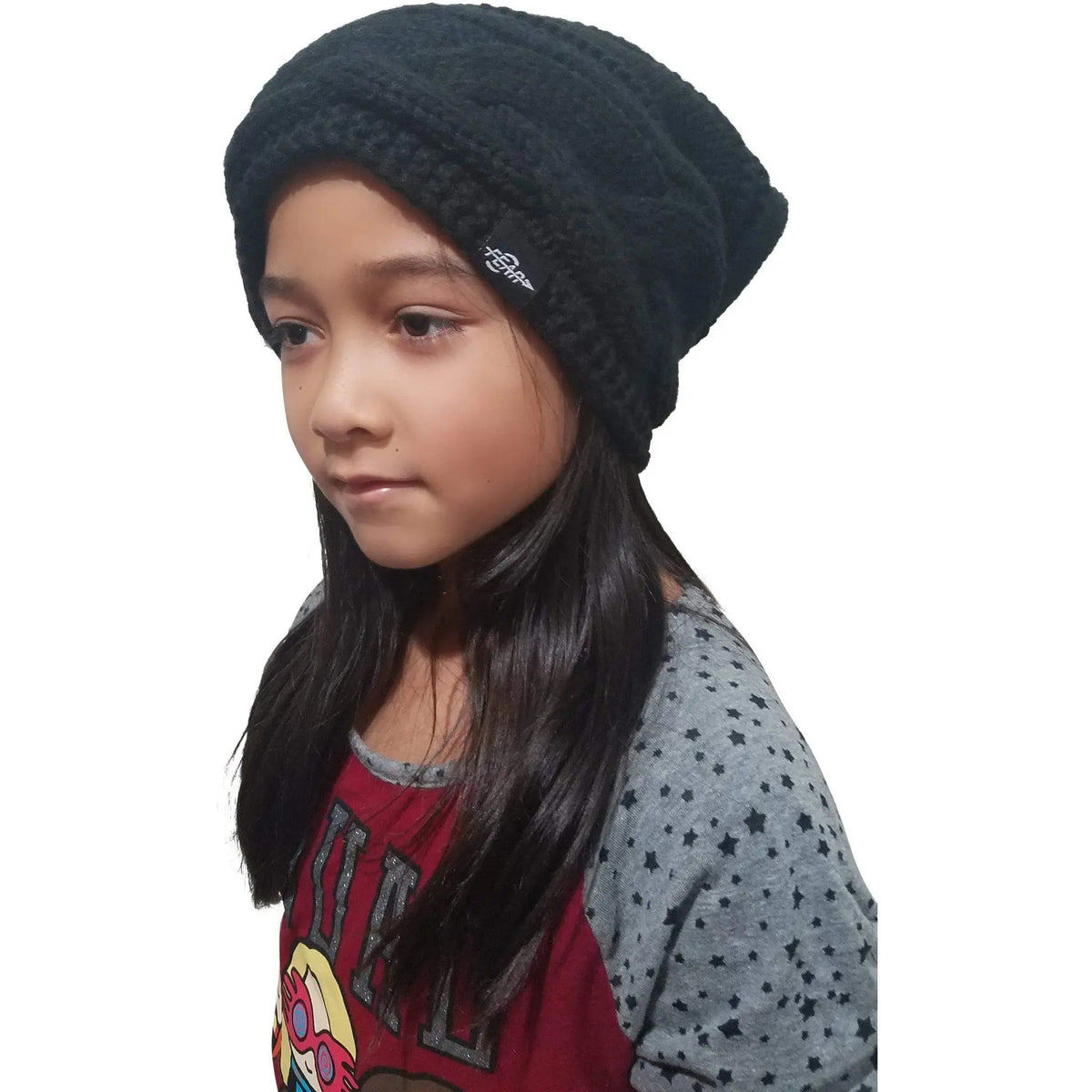 Dark knit slouch beanie hat with logo patch