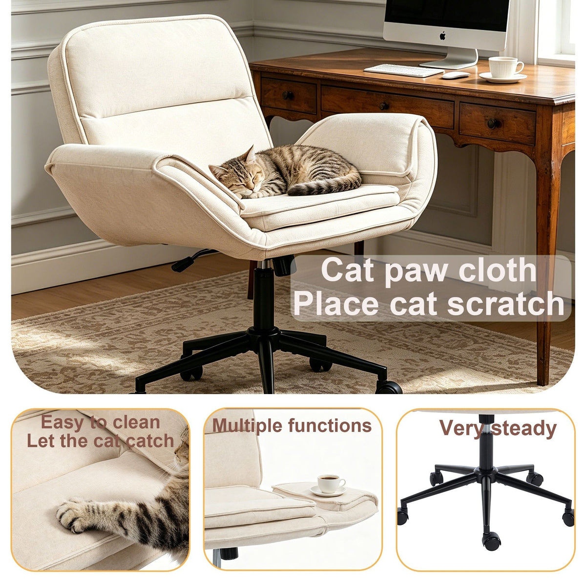 Beige swivel desk chair with scratch-resistant cat-paw cloth detail and wheels