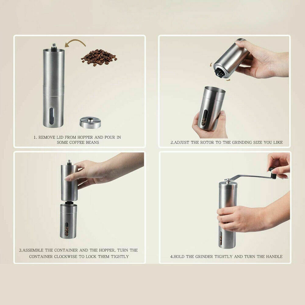 Stainless steel manual coffee grinder shown with components for assembly and grinding