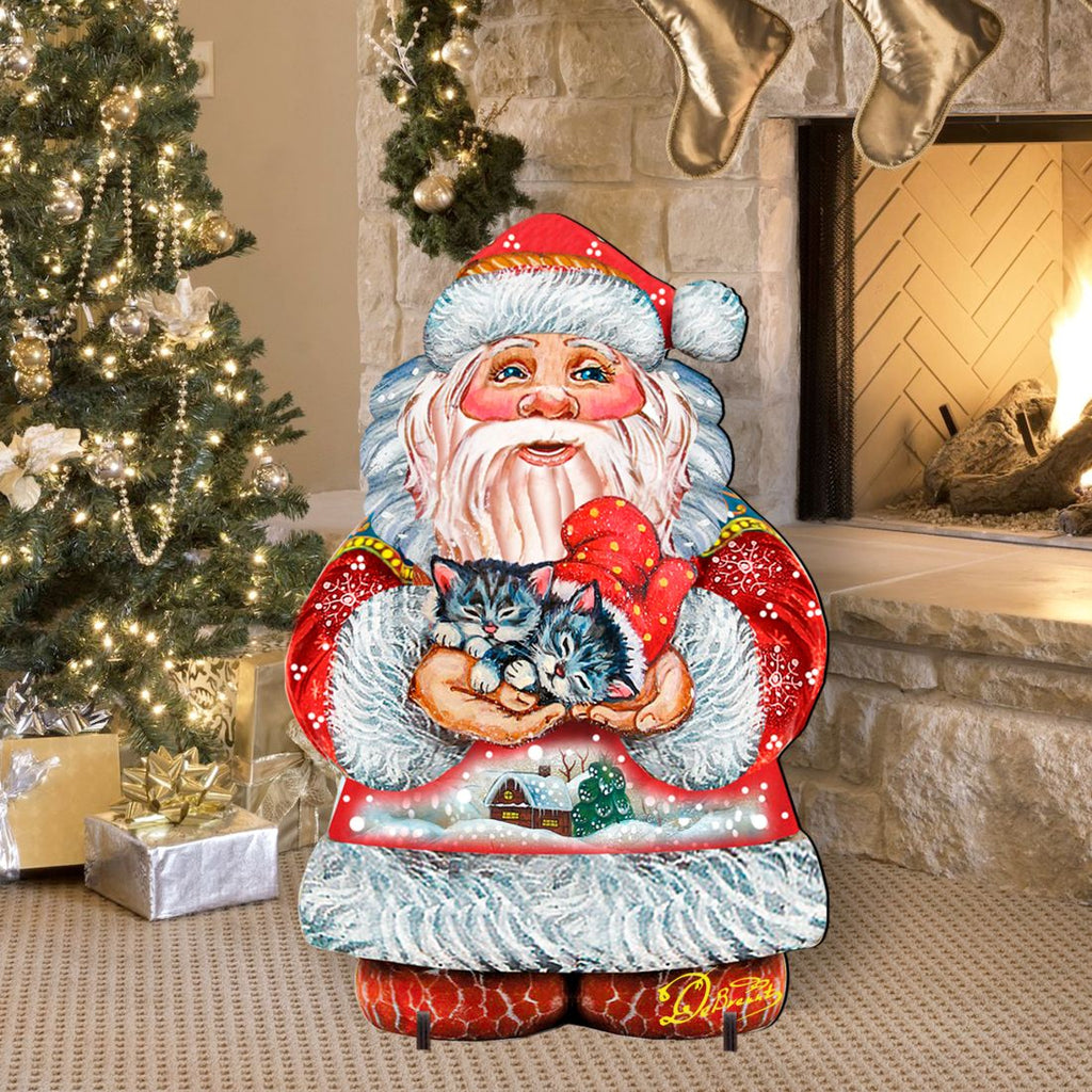 Outdoor Santa yard sign holding a kitten, red suit with white fur trim cutout