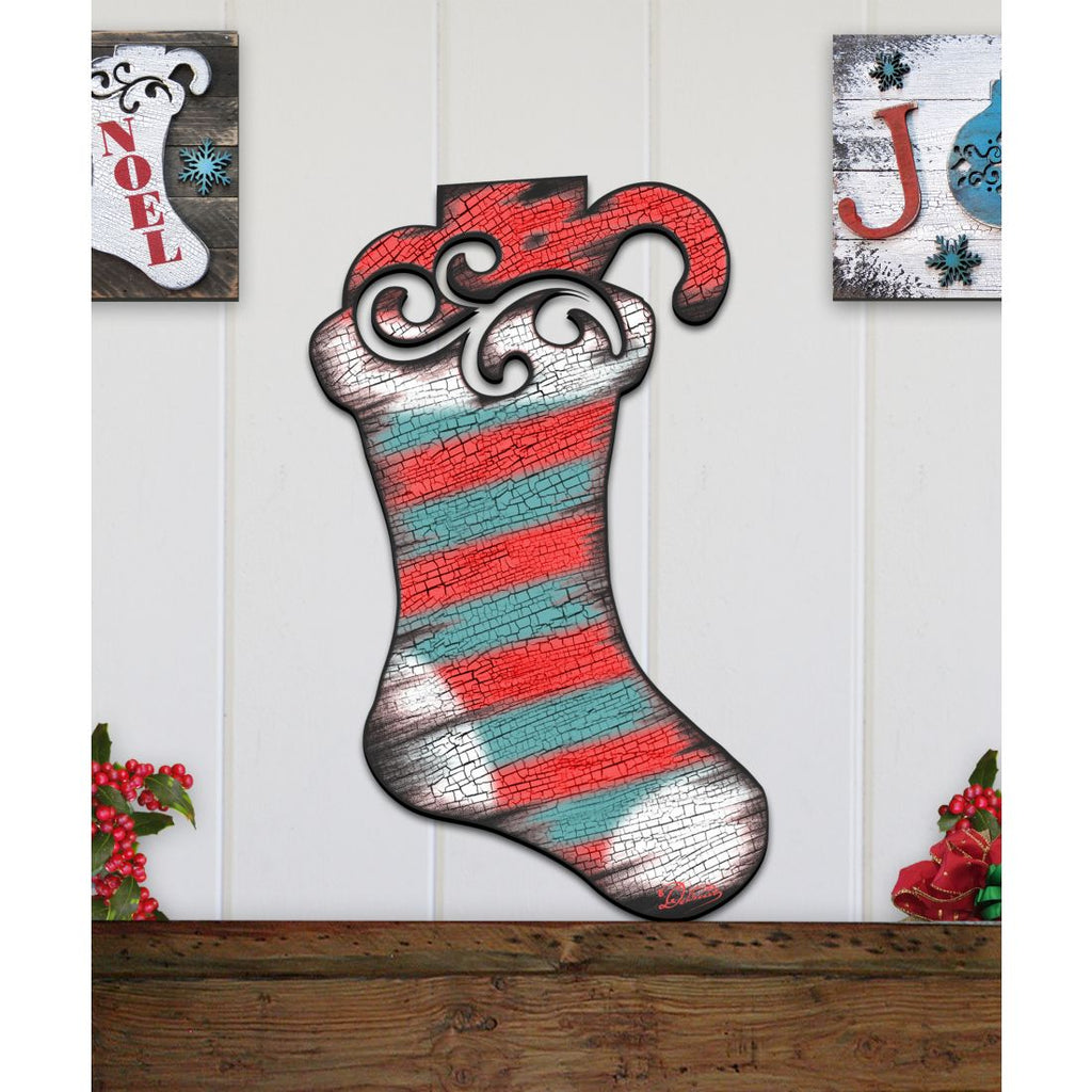 Wall-hanging Christmas stocking door decor with red, teal, and silver striped finish