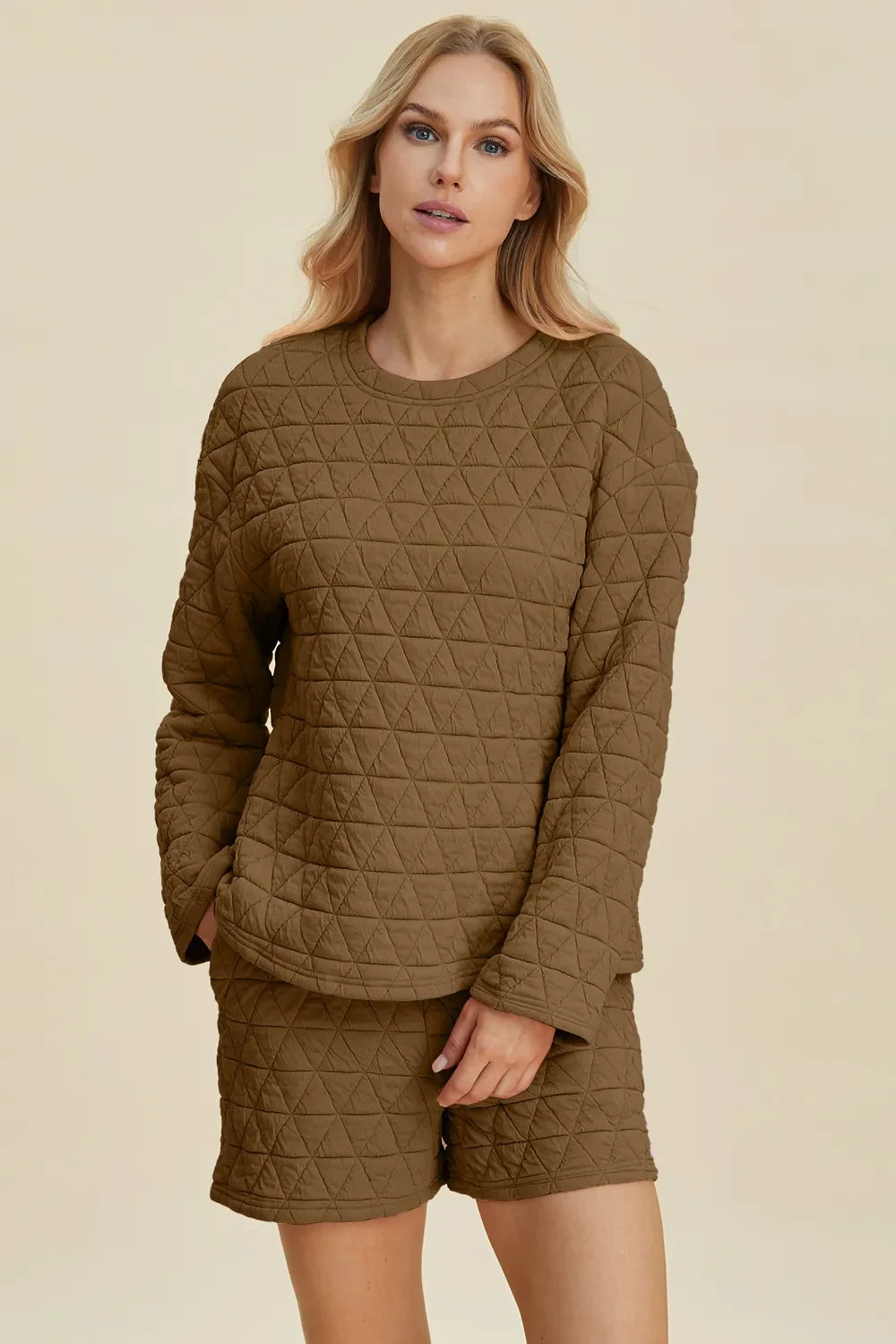 Textured coffee-brown long-sleeve top and matching shorts set with diamond quilt