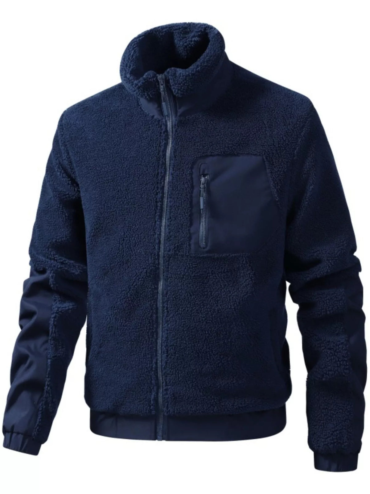 Men's sherpa fleece zip-up jacket, dark blue, stand collar, chest pocket, ribbed cuffs