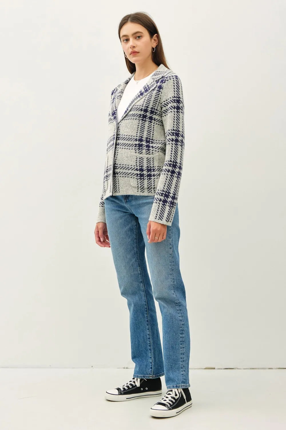 Navy plaid long-sleeve sweater jacket with front patch pockets, side view