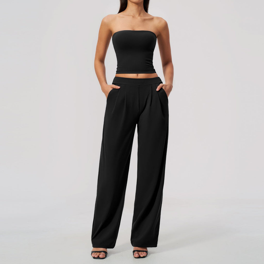 Black strapless yoga set with cropped bandeau top and high-waisted wide-leg pants