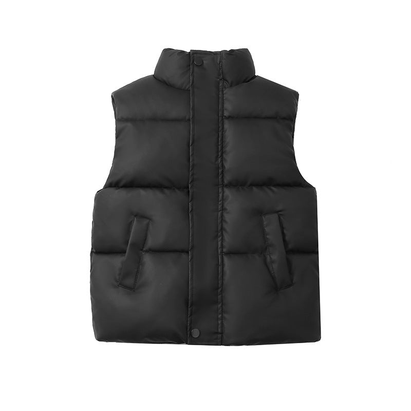 Children’s padded puffer vest coat in black, zip-front with stand collar and pockets