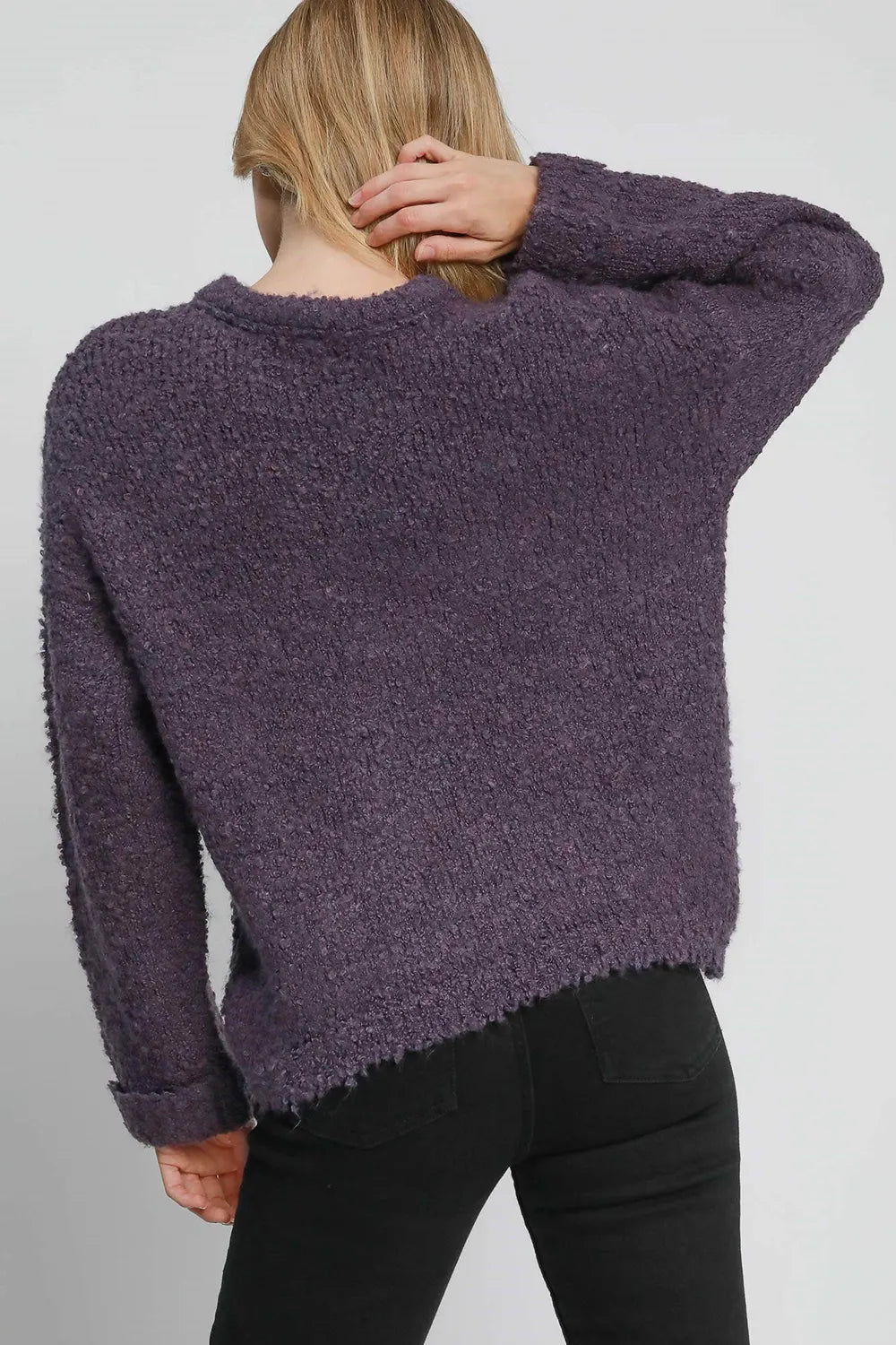 Mauve boucle plus size sweater, back view with long sleeves