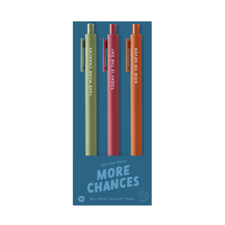 Gel pen set with olive, teal, red, and orange pens