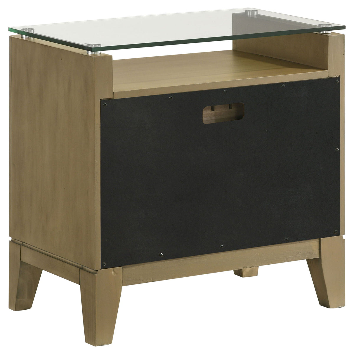 Natural pine nightstand with glass top and two drawers with dark back panel