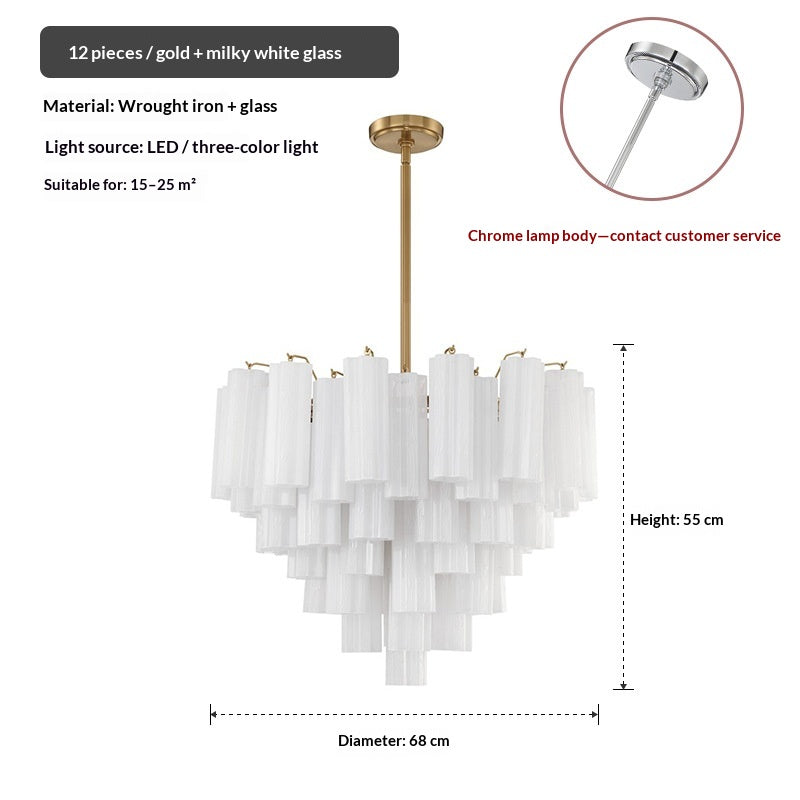 Tiered milky white glass tube chandelier with gold frame, 12-light design