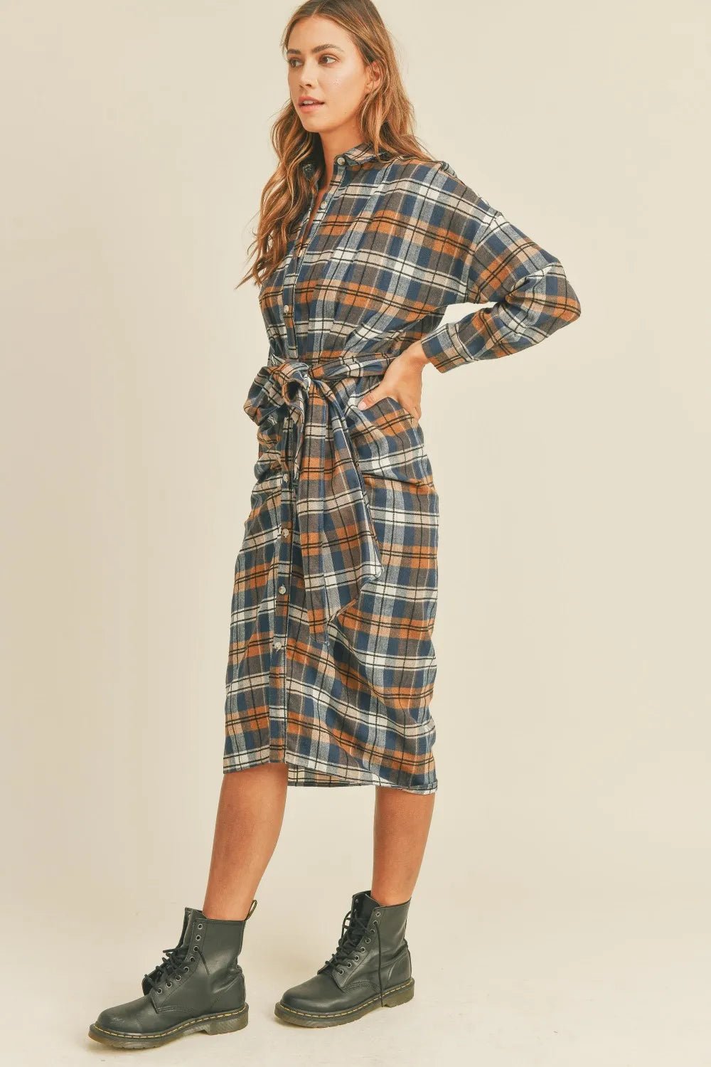 Plaid flannel button-down shirt dress with waist tie belt, midi length