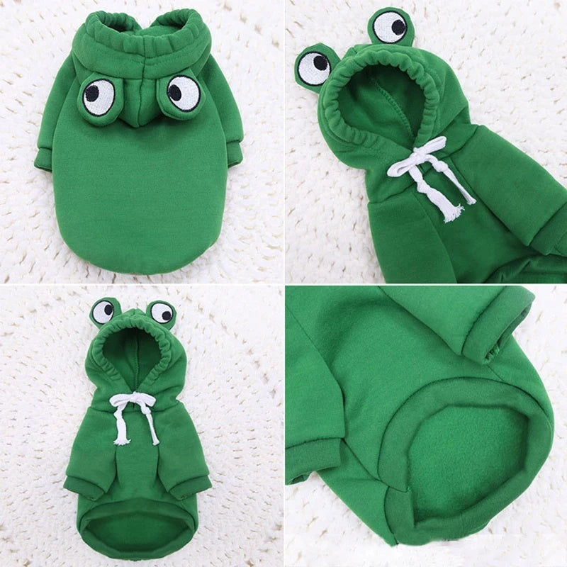 Green frog pet hoodie set showing front, back, and side views with white drawstrings
