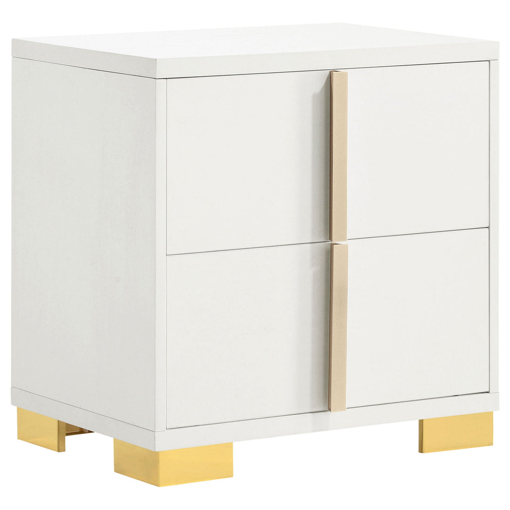 White dresser cabinet with split drawer fronts and gold-toned feet