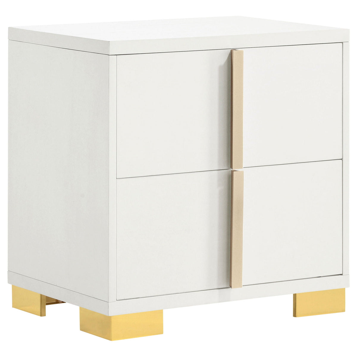 White dresser cabinet with split drawer fronts and gold-toned feet
