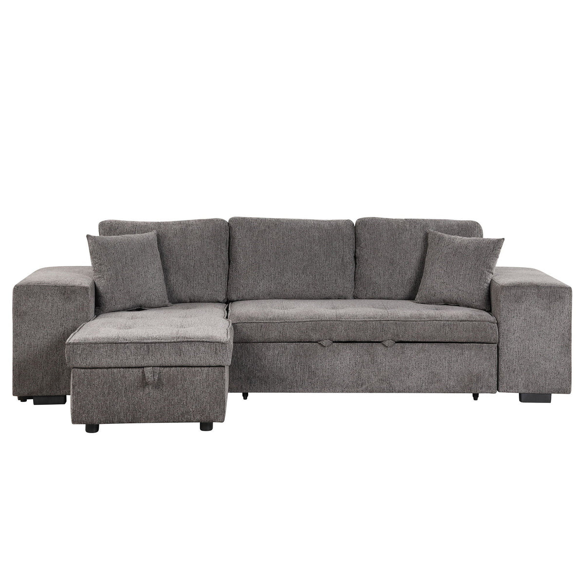 Convertible sectional sleeper sofa with chaise, dark gray fabric, 2 ottoman stools