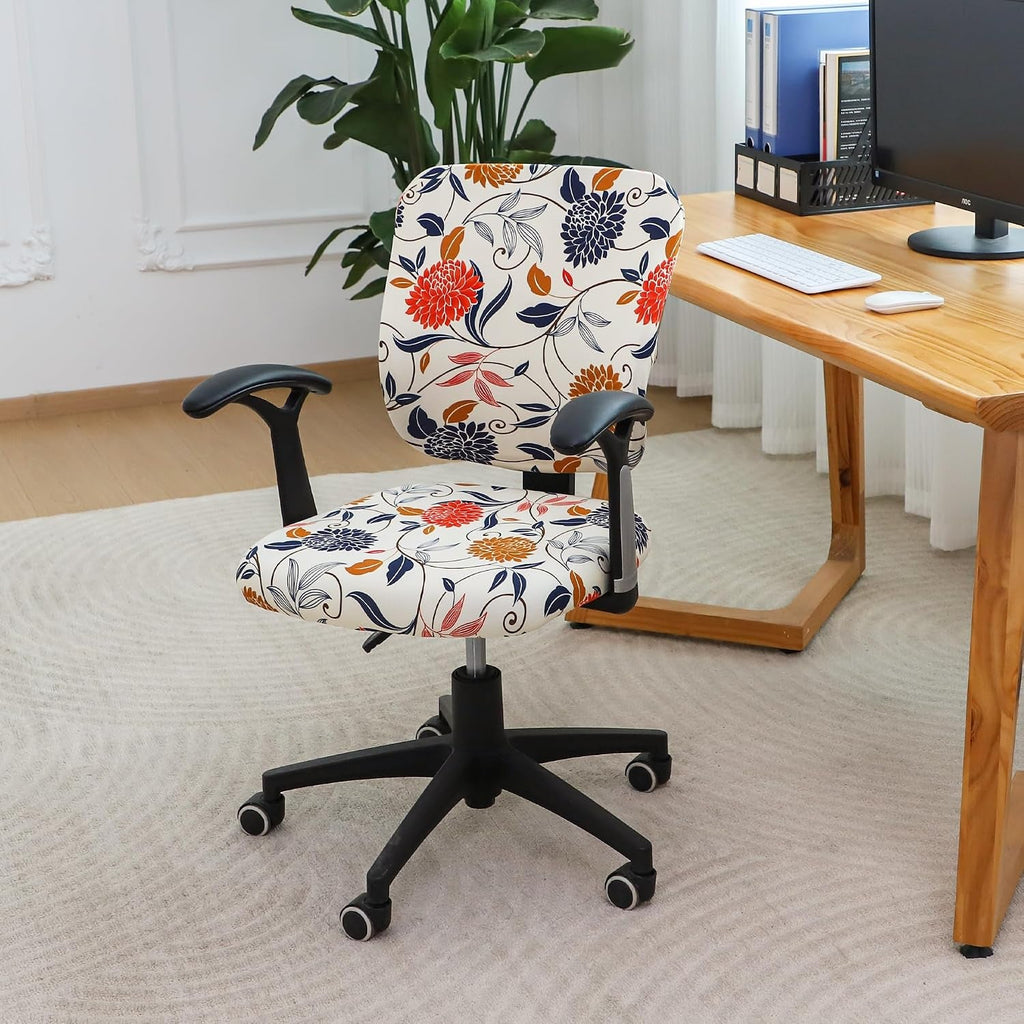 Stretch office chair cover in white with floral pattern covering seat and backrest