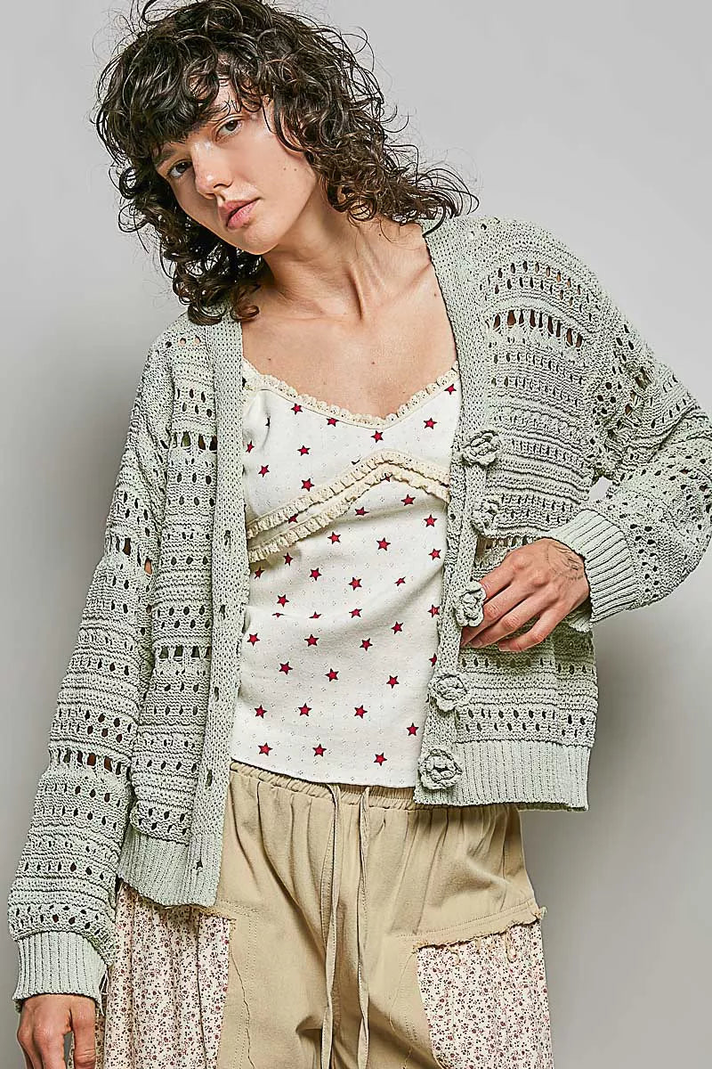 Light gray open-knit button cardigan with scalloped floral appliques at edges