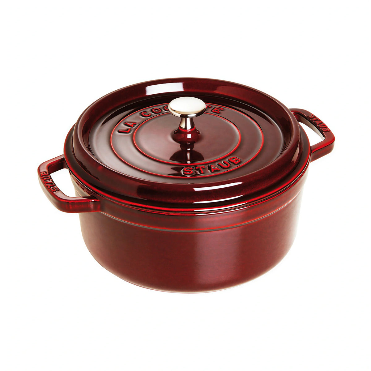 Red enameled cast iron Dutch oven with round lid, knob, and side handles