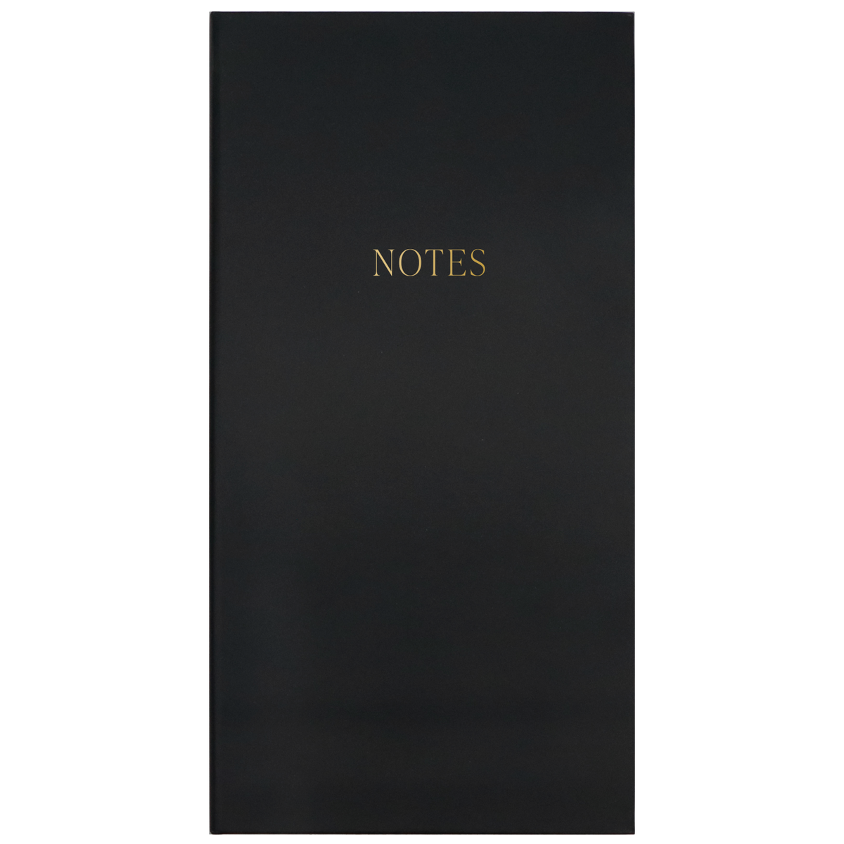 Matte black notes booklet with centered gold “NOTES” text on the cover.