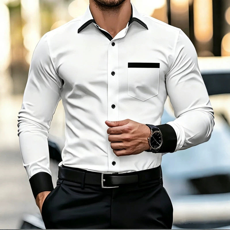 Men's white contrast-color dress shirt, black collar, black cuff trim, button-up front