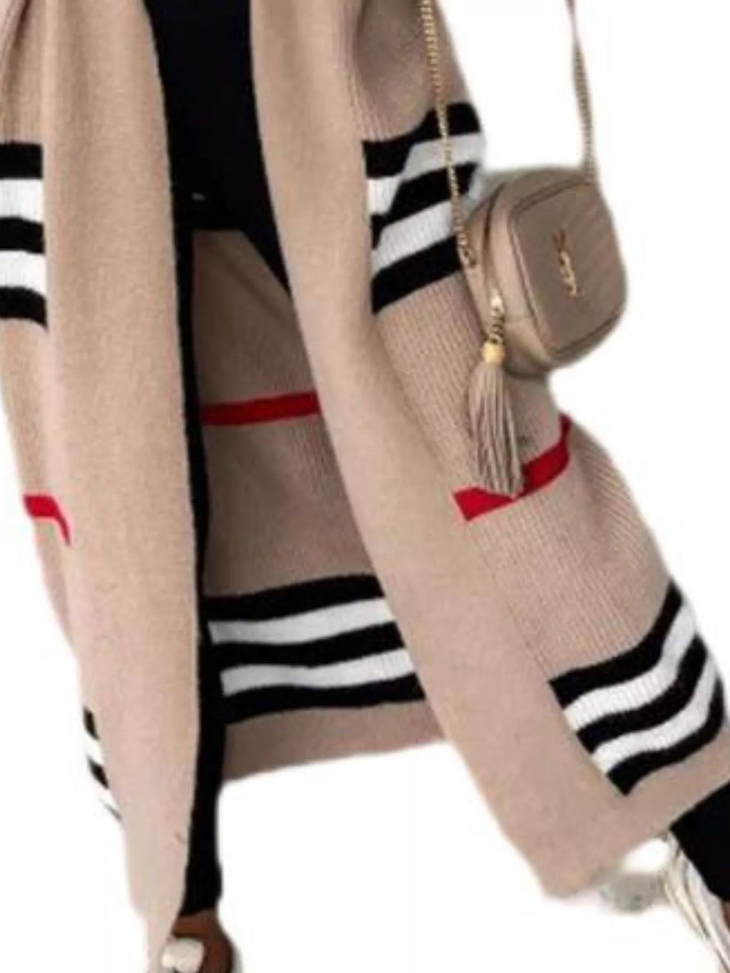 Tan longline open-front cardigan with black-and-white striped hem and sleeves
