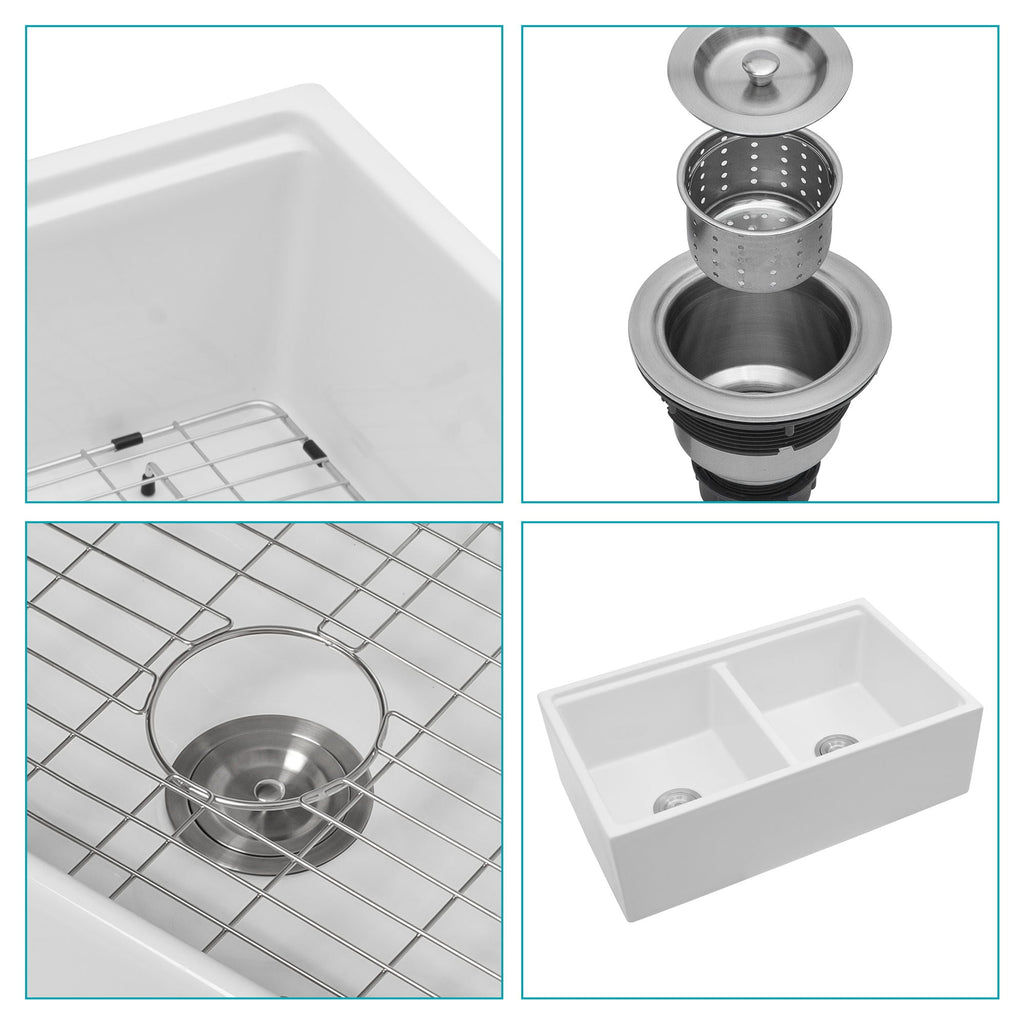 White sink accessory set with stainless strainer baskets, drain covers, and basin parts