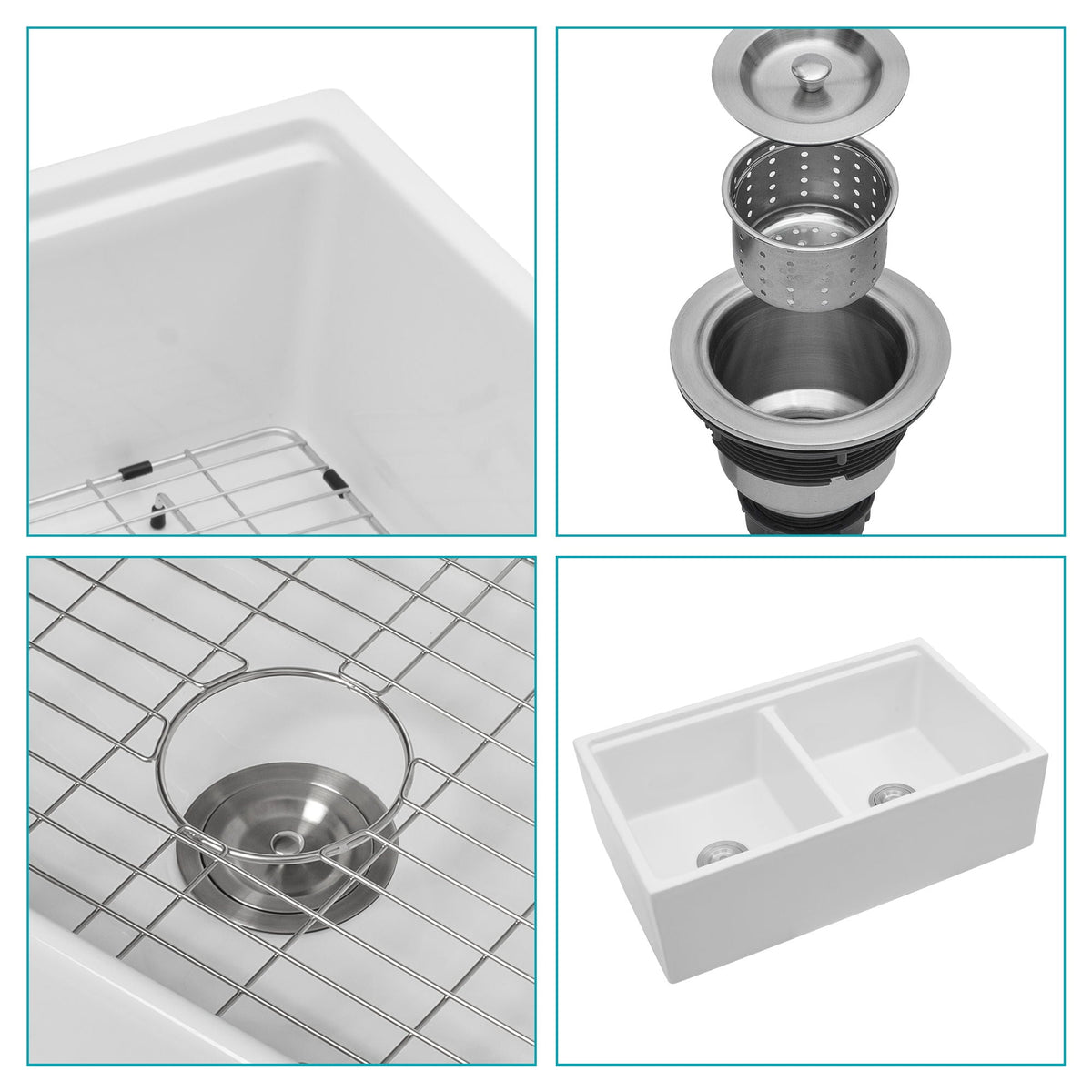 White sink accessory set with stainless strainer baskets, drain covers, and basin parts