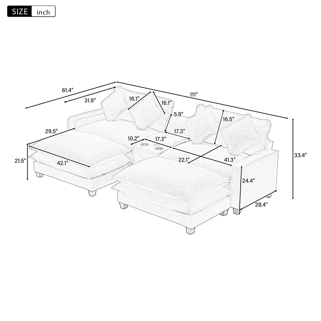 Sectional sofa size diagram with removable ottoman sections and measurements in inches