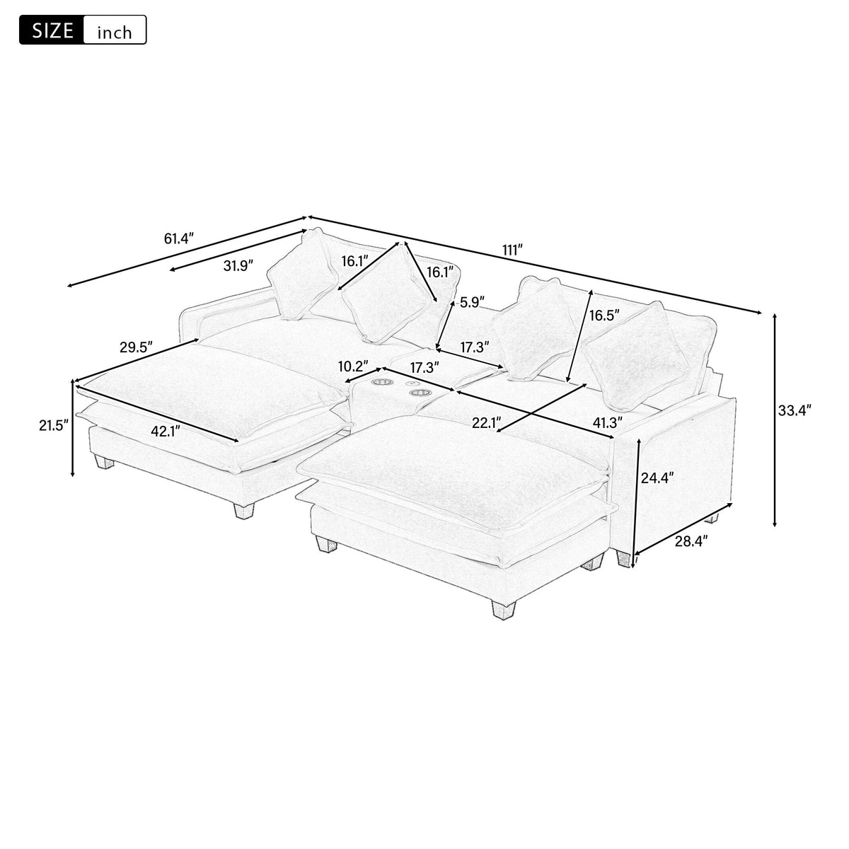 Sectional sofa size diagram with removable ottoman sections and measurements in inches
