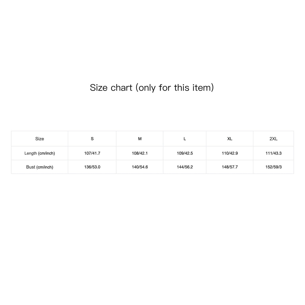 Size chart table for the cardigan, showing length and bust by size