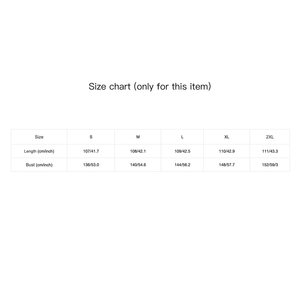 Size chart table for the cardigan, showing length and bust by size