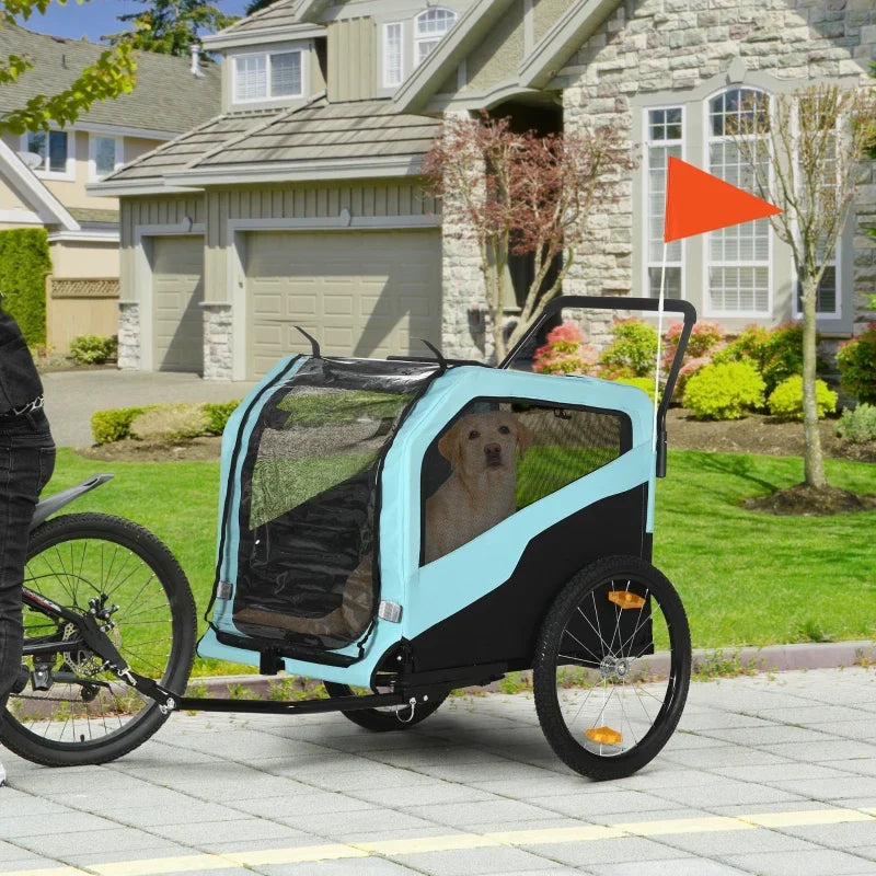 Blue and black 2-in-1 dog bike trailer with enclosed mesh sides and rear wheel