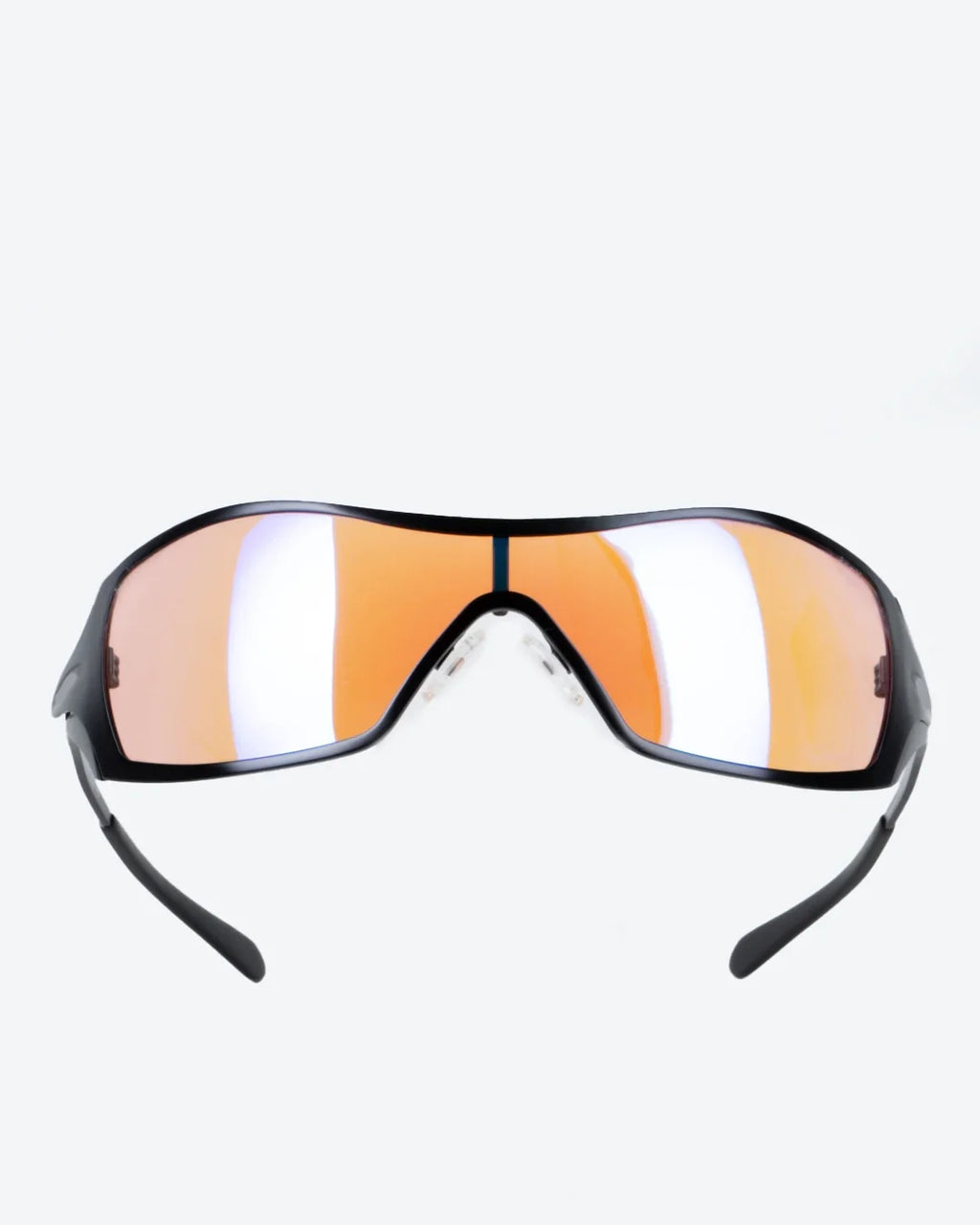 Polarized sunglasses with orange mirrored lenses and black frame