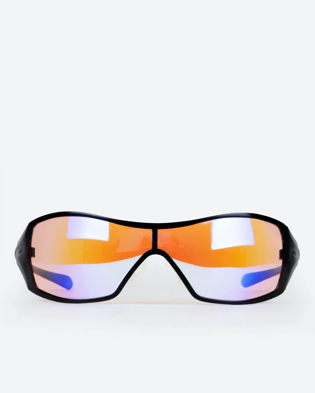 Polarized sunglasses with orange mirrored lenses and black frame, wide front