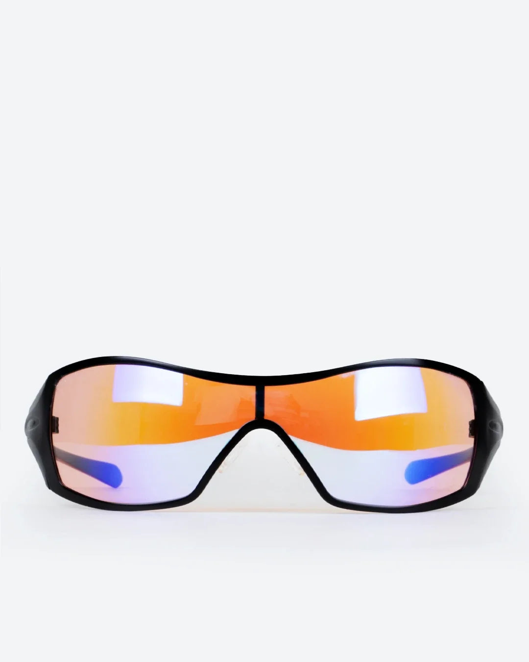 Polarized sunglasses with orange mirrored lenses and black frame, wide front