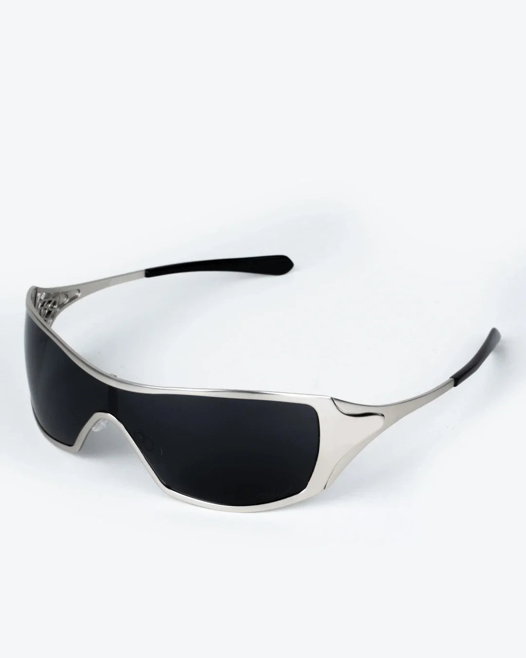 Polarized sunglasses with dark lenses and clear-gold frame, shield shape