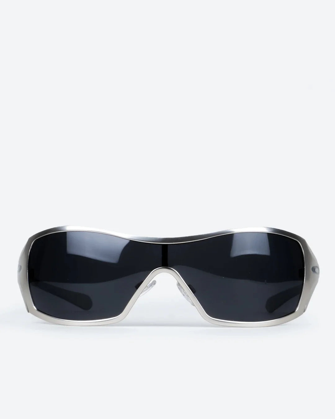 Polarized sunglasses with dark lenses and silver-gray wrap frame, wide shield